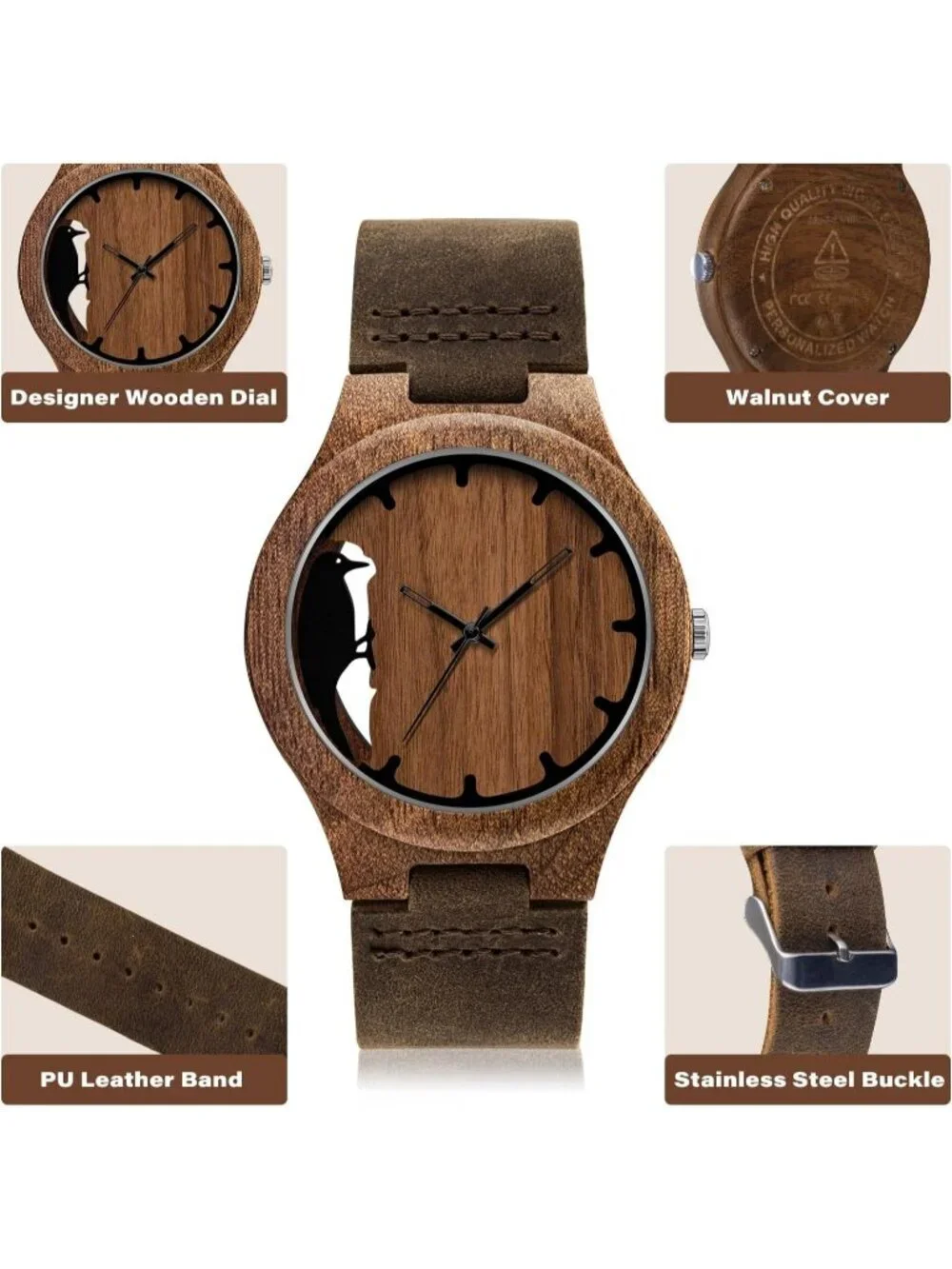 Men's Brown Analog Quartz Handmade Unique Design Leather Strap Wooden Watch